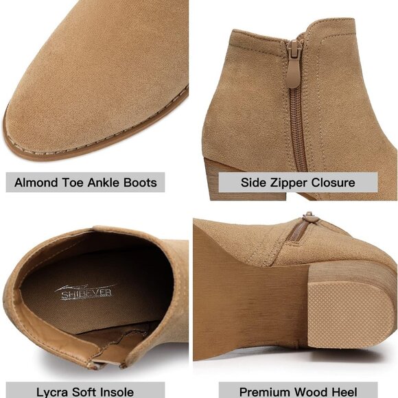 Women's Ankle Boots Heel: Chunky Low Heeled Almond Toe Short Booties with Zipper - Picture 4 of 6